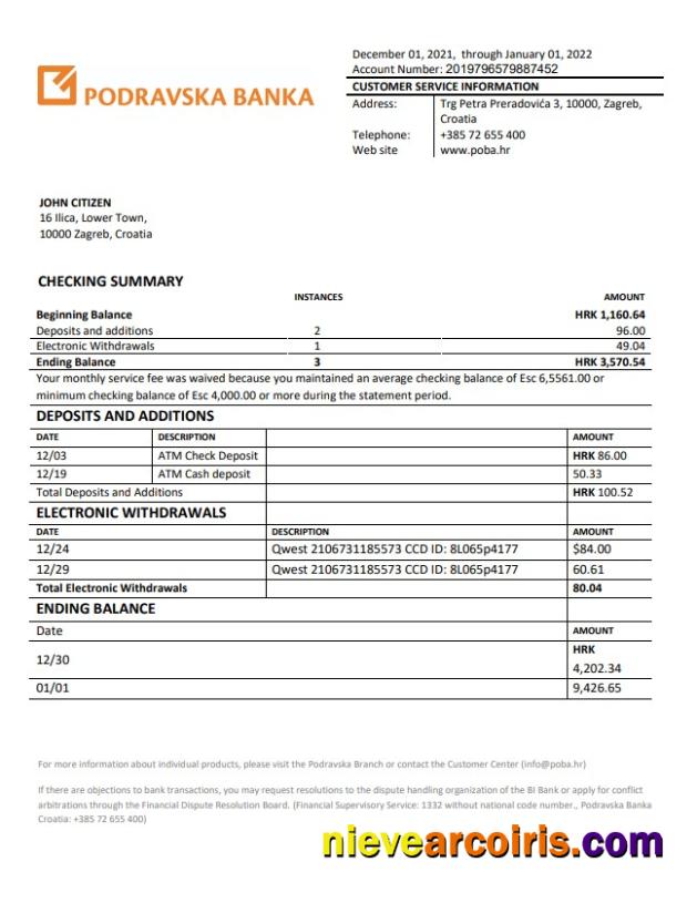 Croatia Podravska banka statement